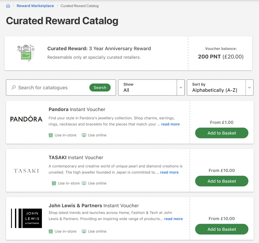 curated reward catalog