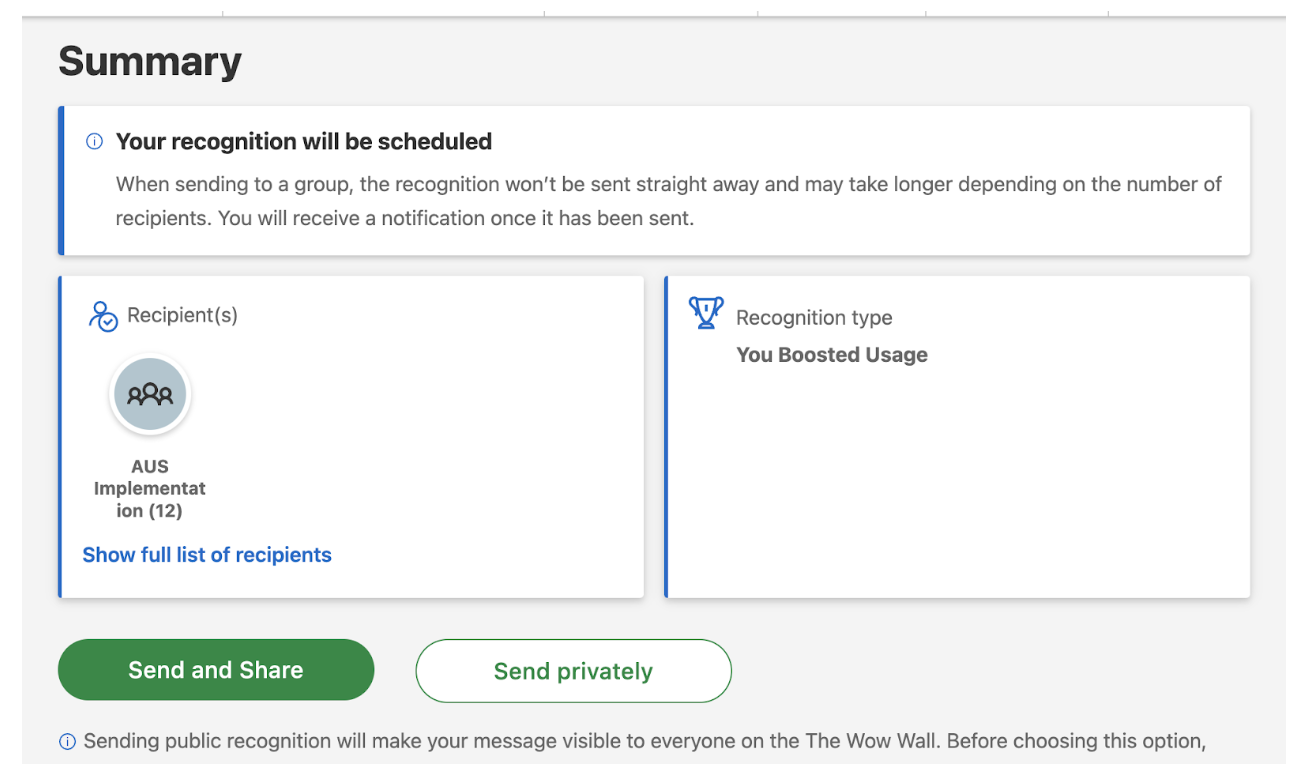 A summary page explaining the scheduling and speed of sending recognition.