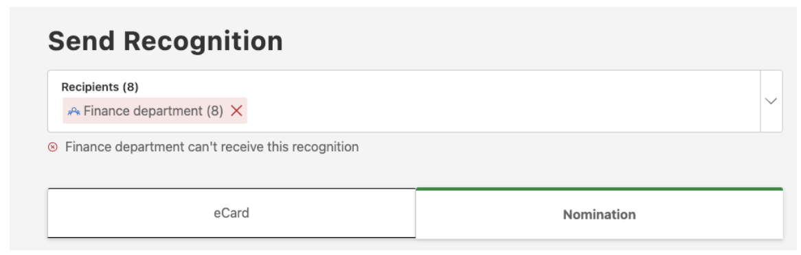 A warning message preventing the user from sending group recognition.