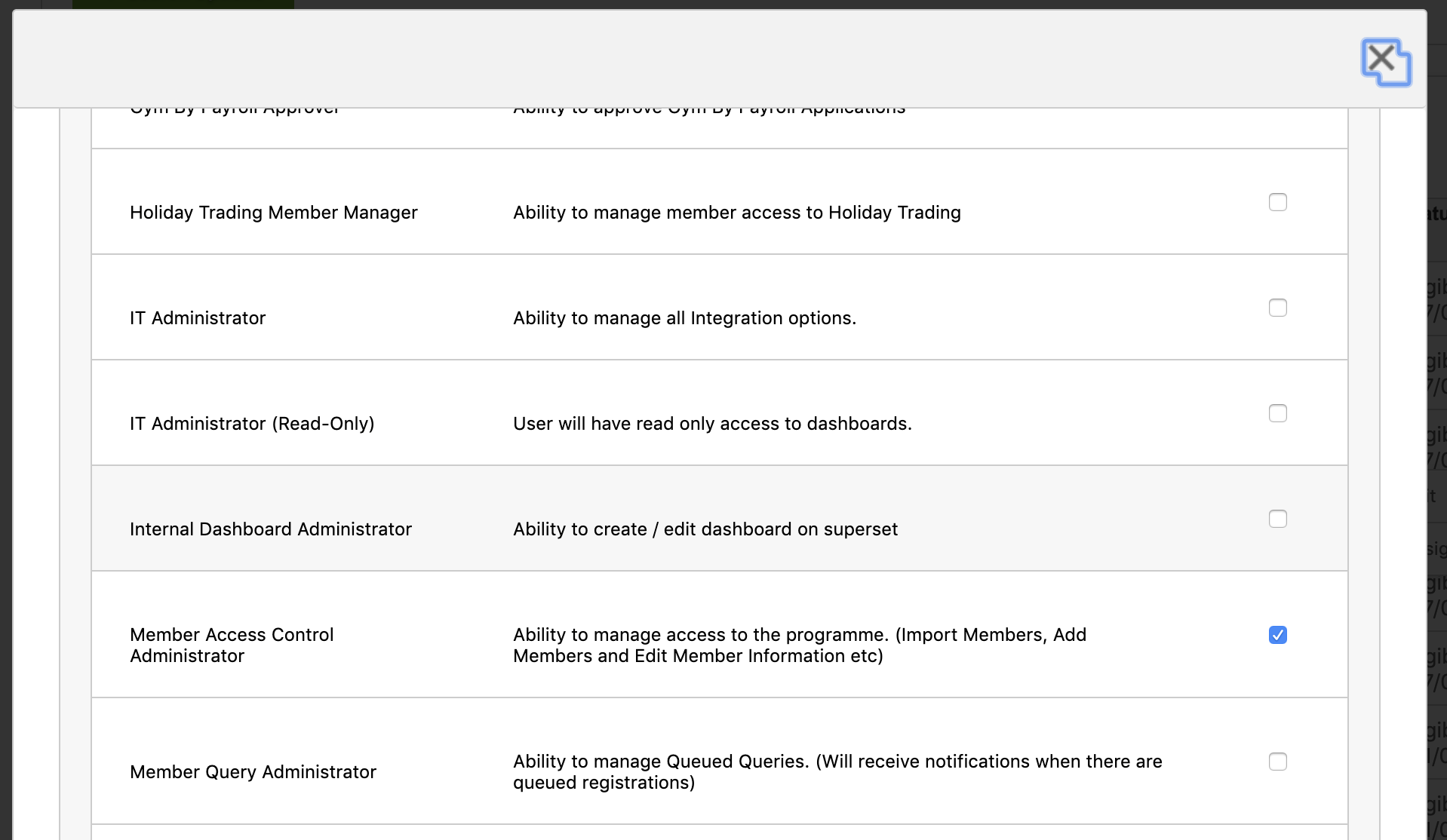 select from list of permissions
