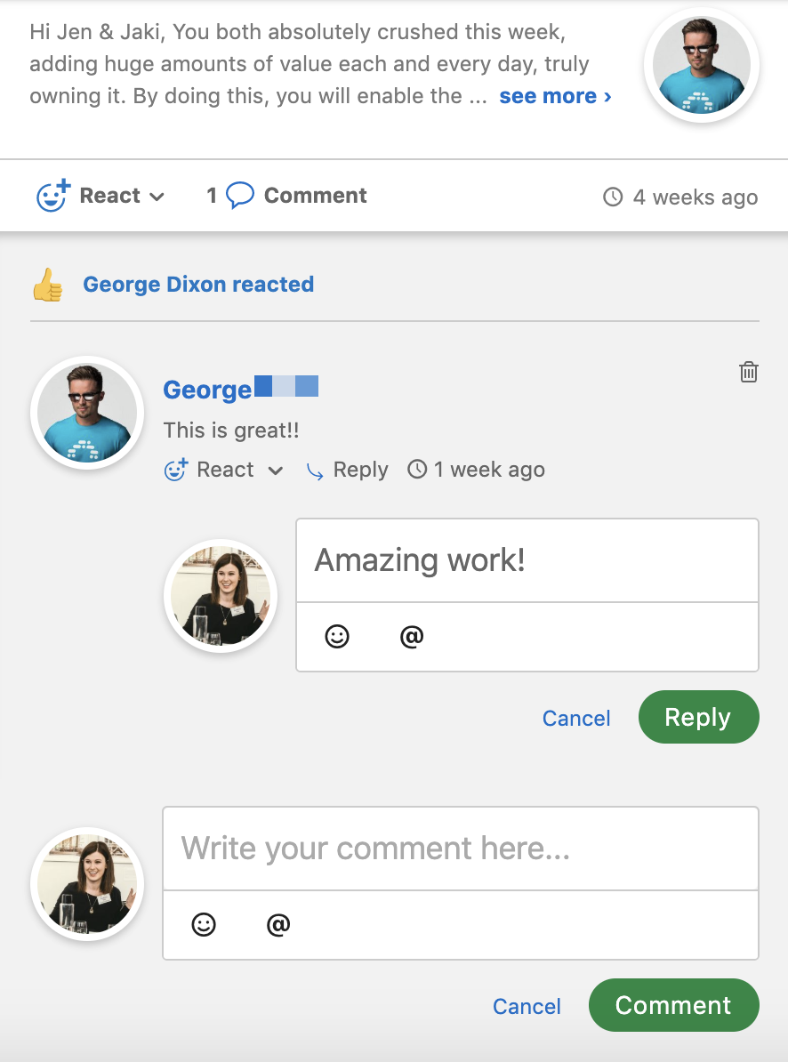 Reply to comment options on the Social Wall