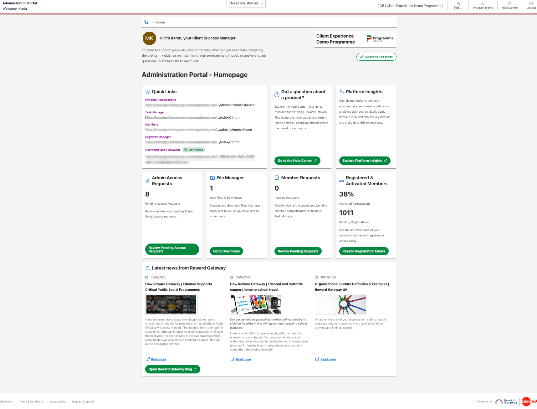 Admin Portal Hommepage dashboard