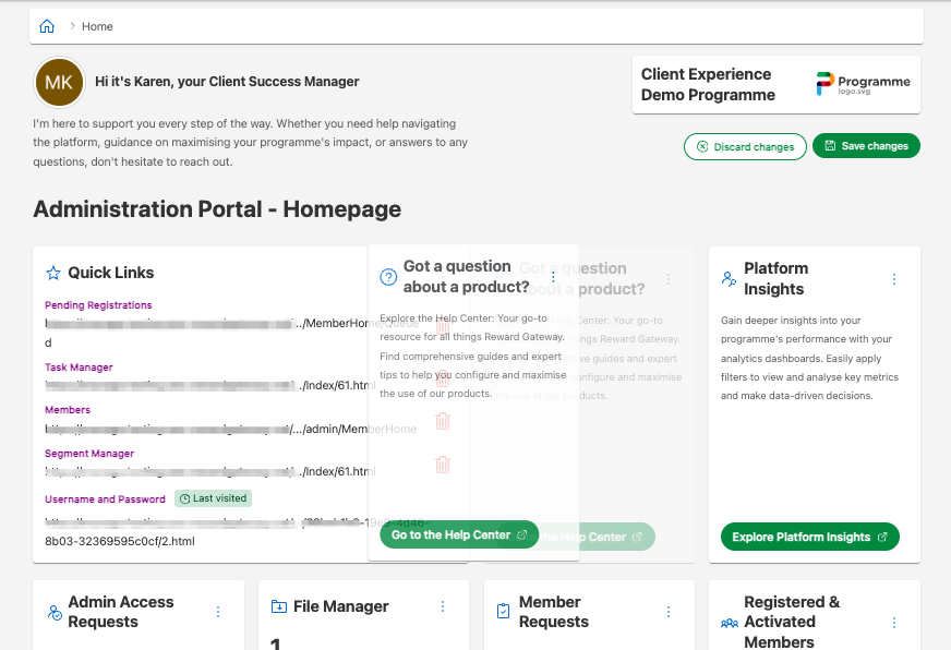 Administration Portal Homepage - drag and drop tile feature.