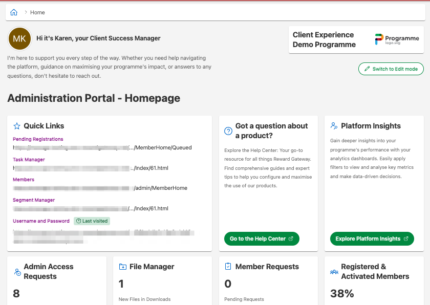 Administration portal homepage - switch to edit mode button on the right.
