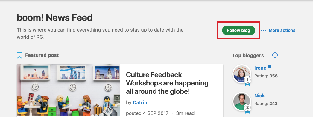 The 'Follow Blog' option in the boom! news feed.