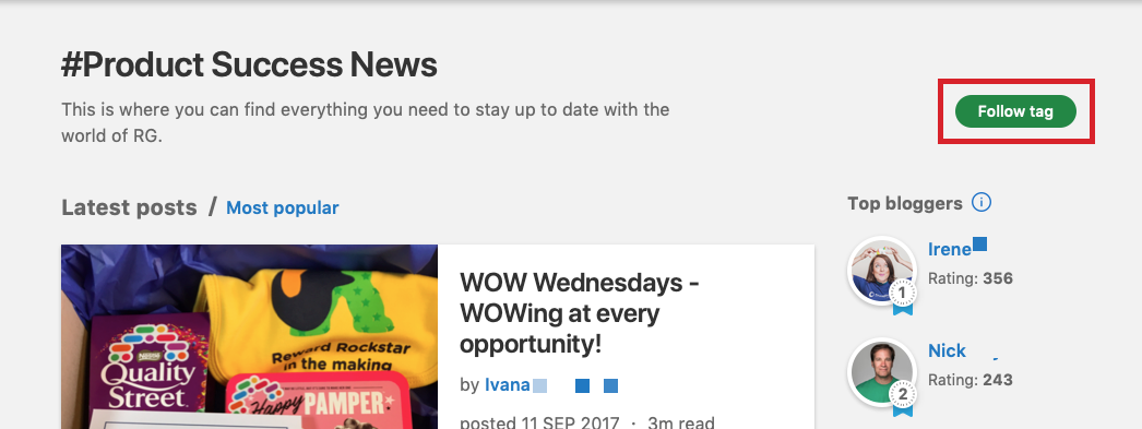 The 'follow tag' option under the product success news segment.