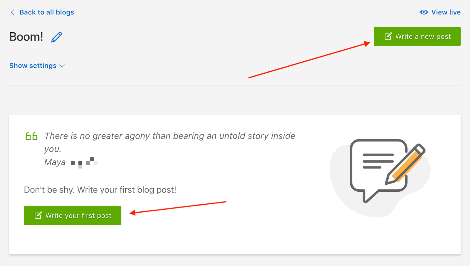 The 'Write a new post' and ' Write your first post' buttons in Manage Blogs.
