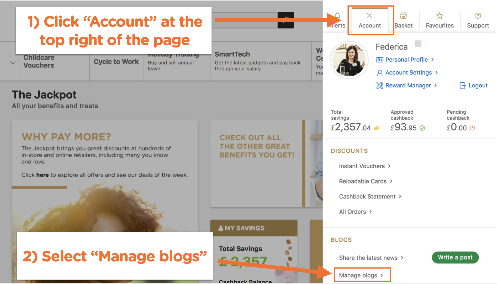 Navigating to the SmartHub Account and 'manage blogs' functions.