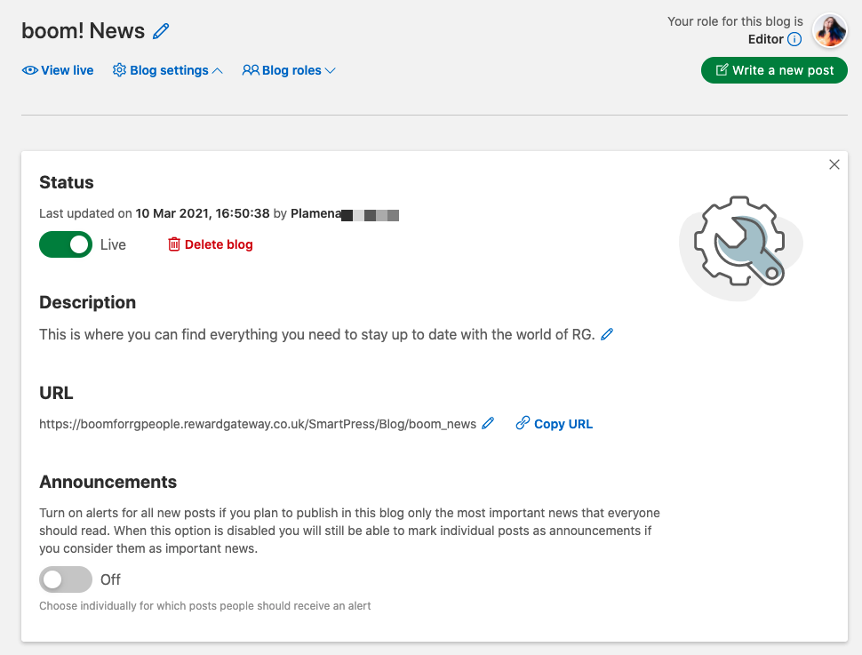Managing blog description, URL, And announcements