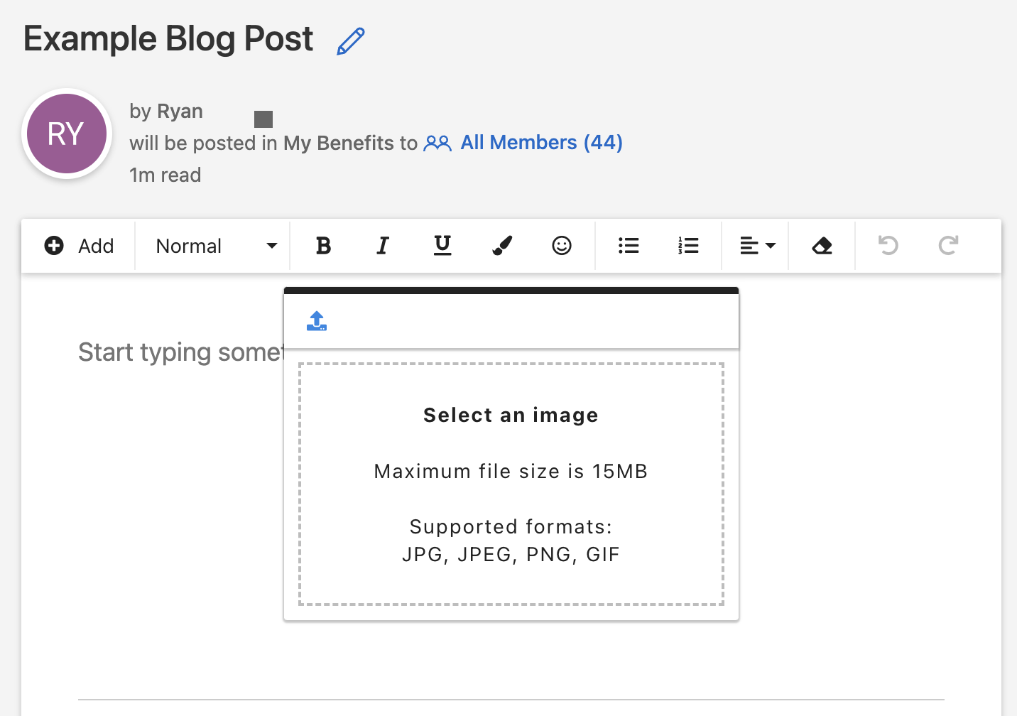 The Adding Images option in a blog post
