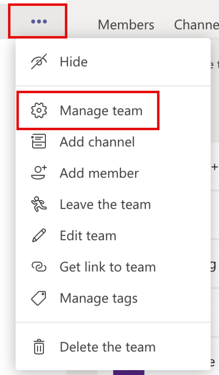 manage team option