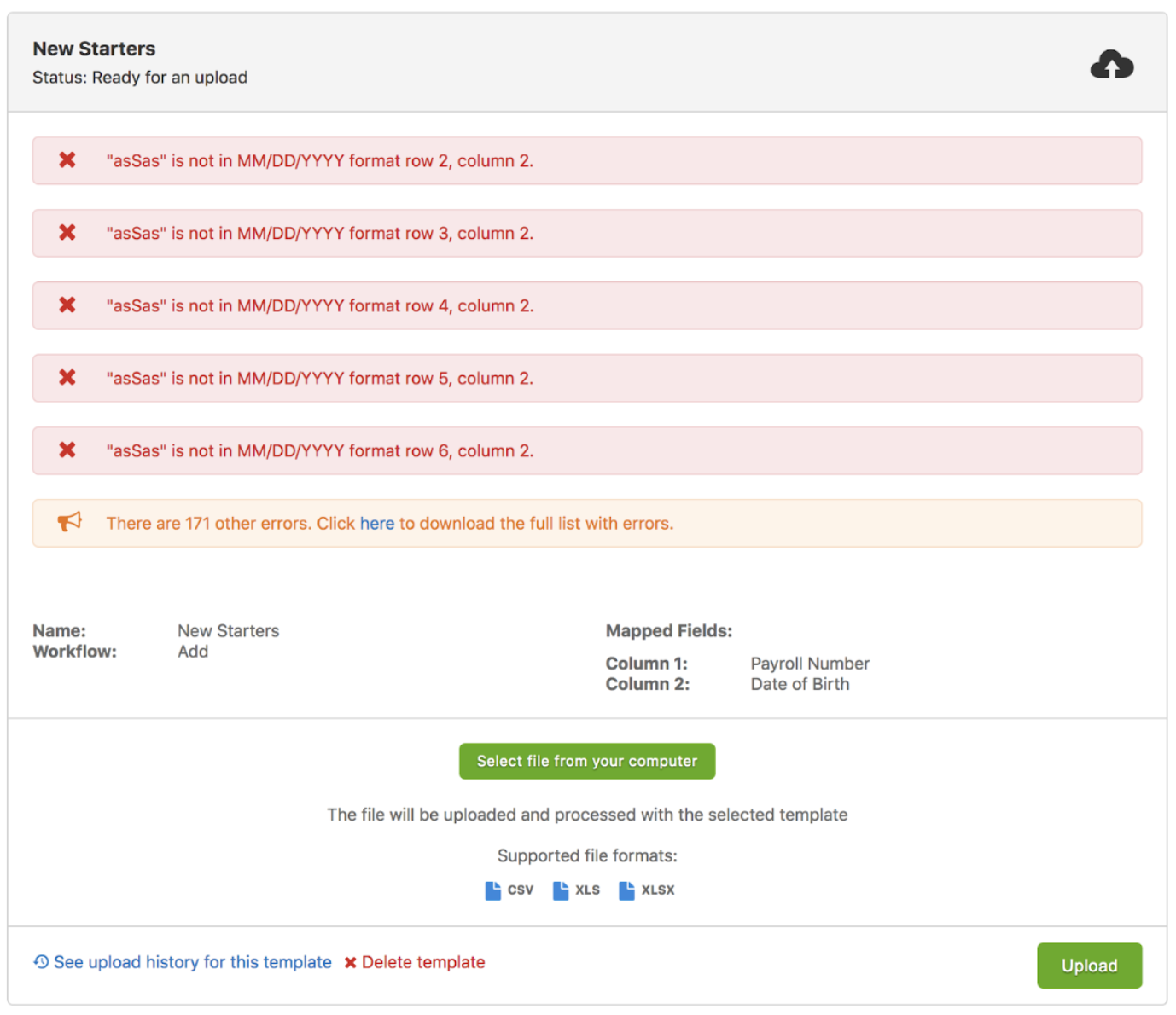 File upload error messages