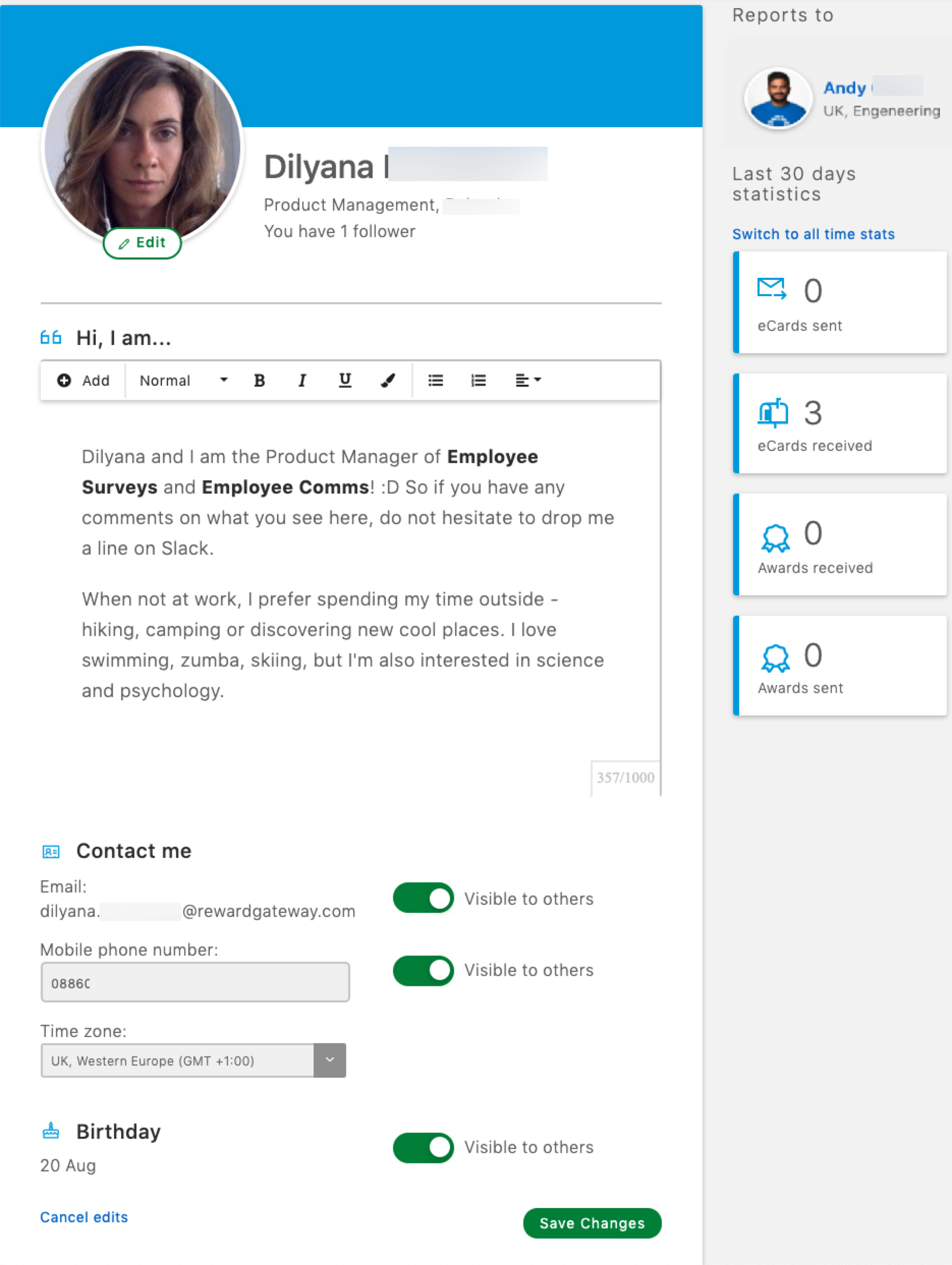 Personal profile in Edit mode.