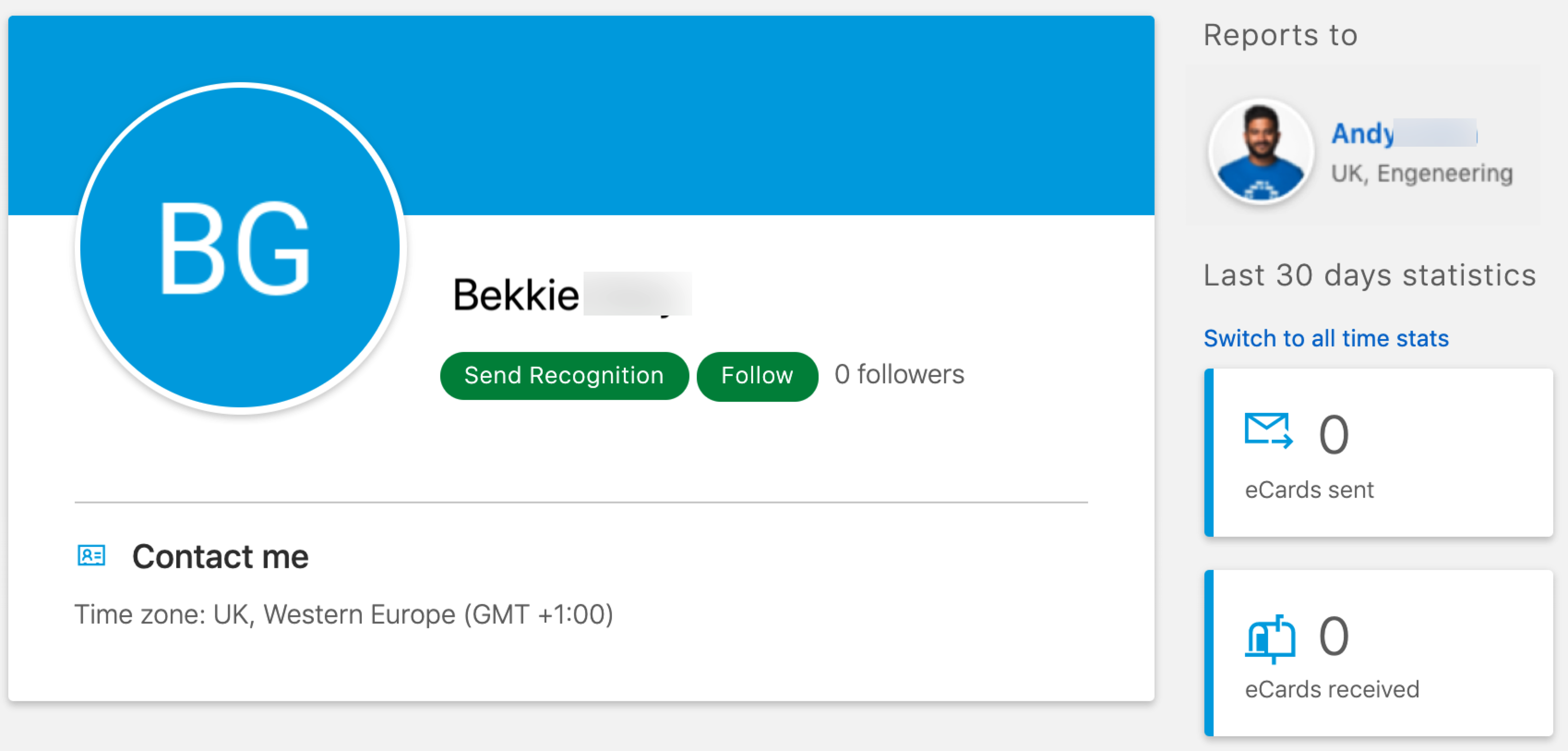 Personal profile with all toggles off, as seen by colleagues.