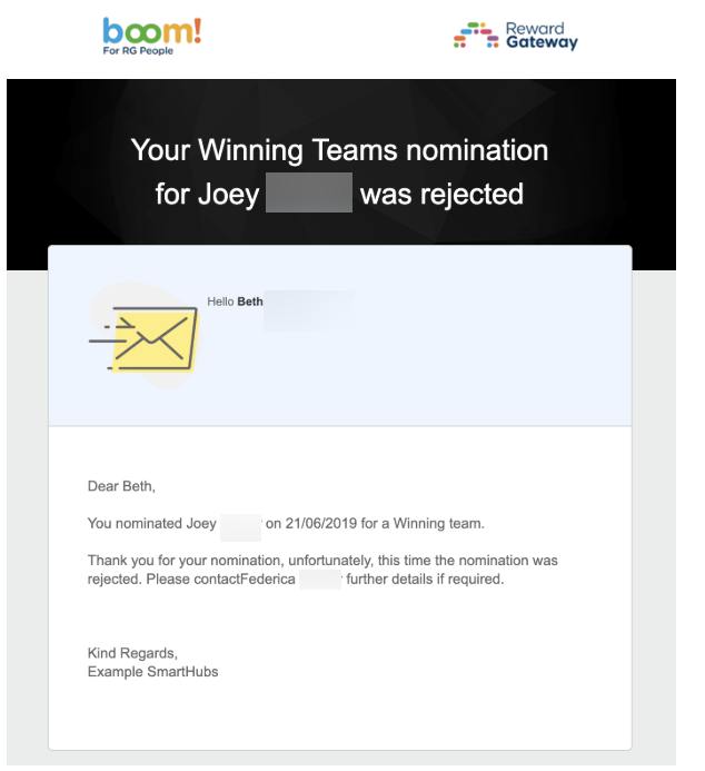 Winning Team Rejected Email