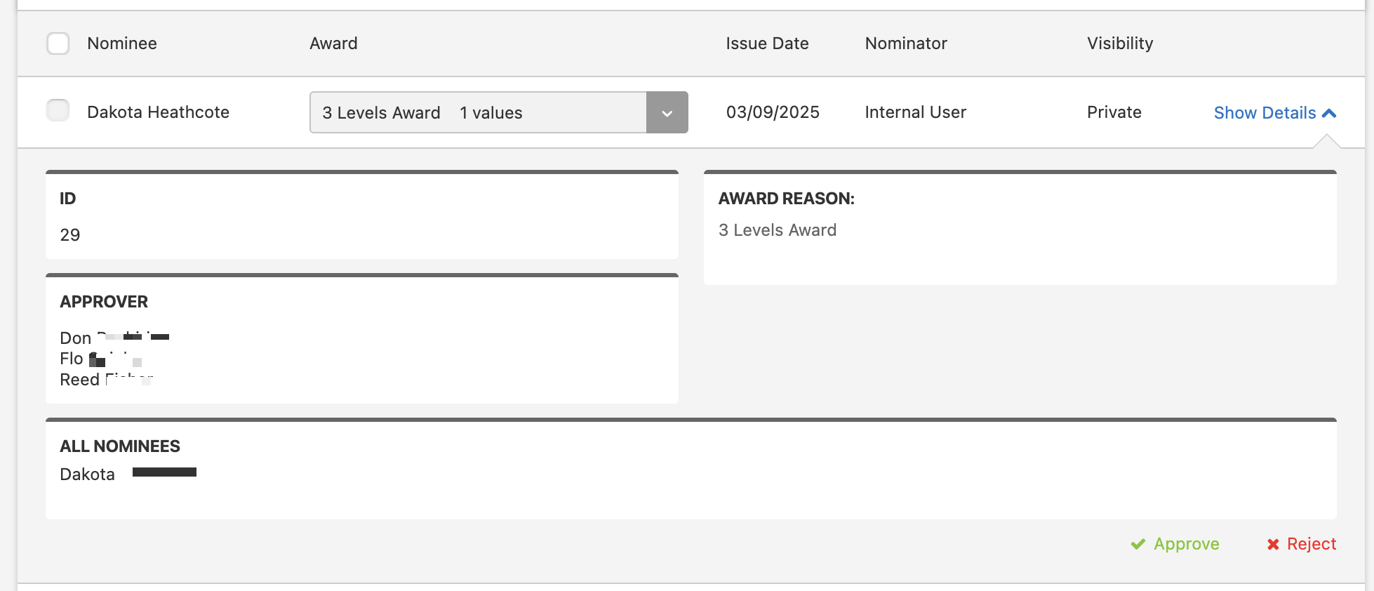 What happens when a Level 2 approver tries to approve a Level 3 Award.