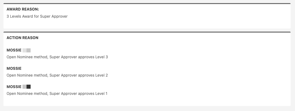 3 Levels Award, approved by the same approver assigned on all 3 Levels at once