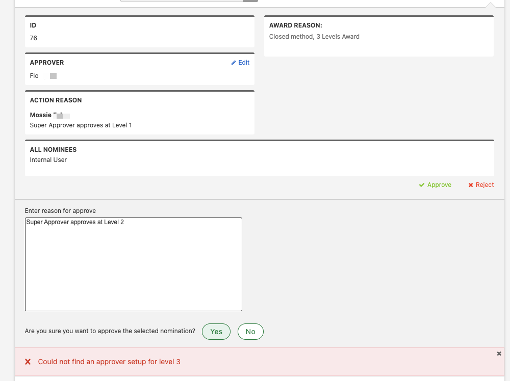 Could not find an approver setup for level 3 - error message.