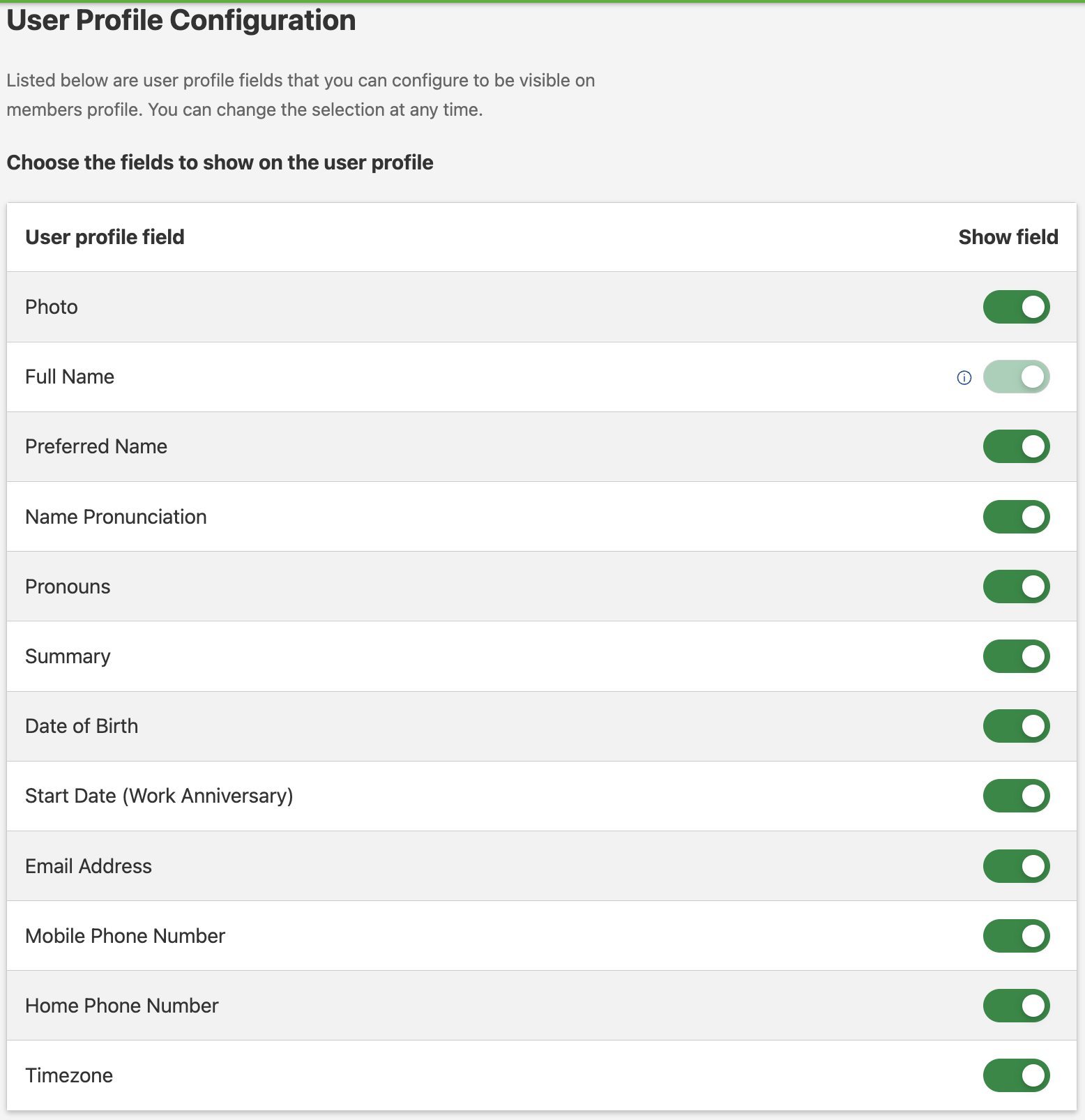User profile configuration On/Off toggles