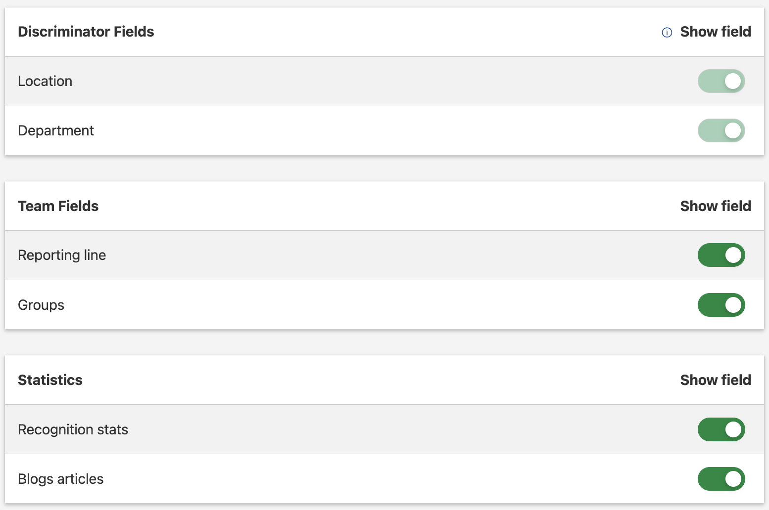 User profile configuration On/Off toggles for disclaimer fields, team fields, and statistics
