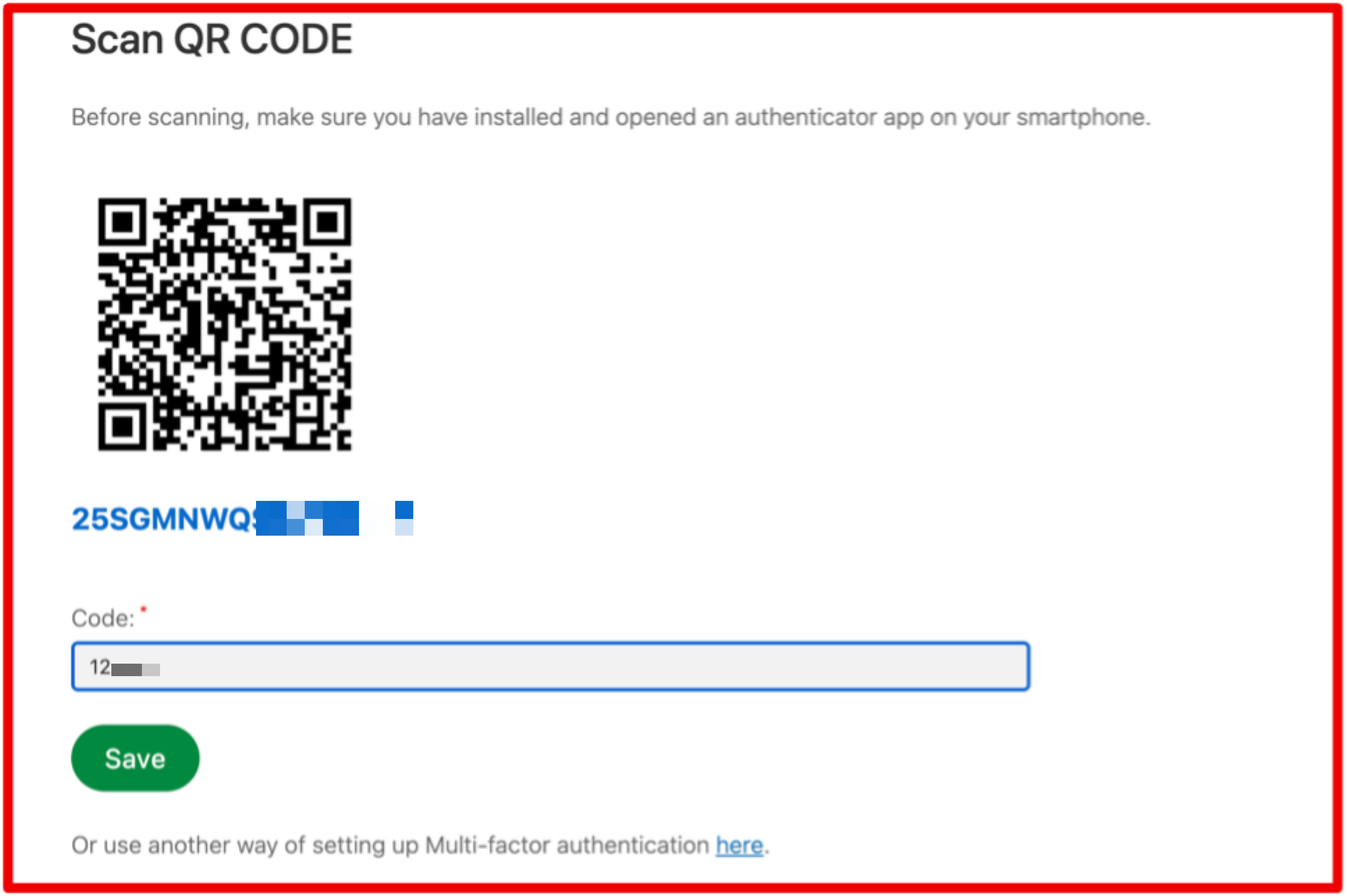 Entering the 6-digit code to complete the setup