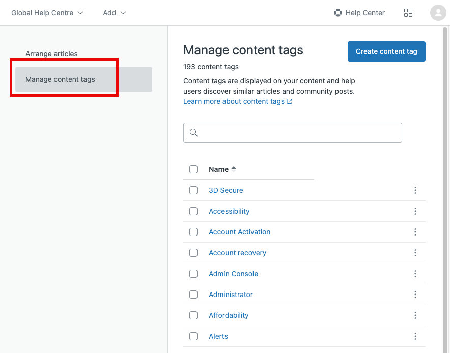 Manage content tags page