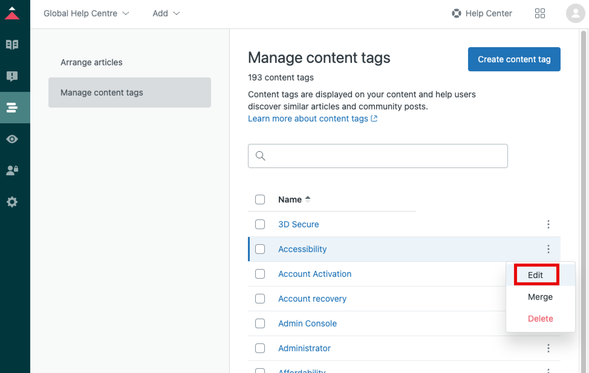 Click edit on manage content tags page