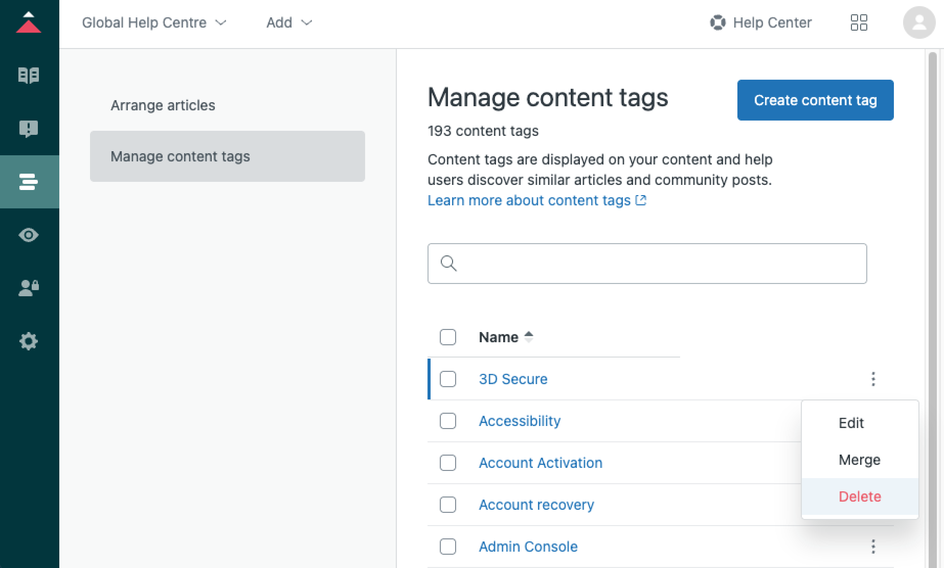 Delete content tags page