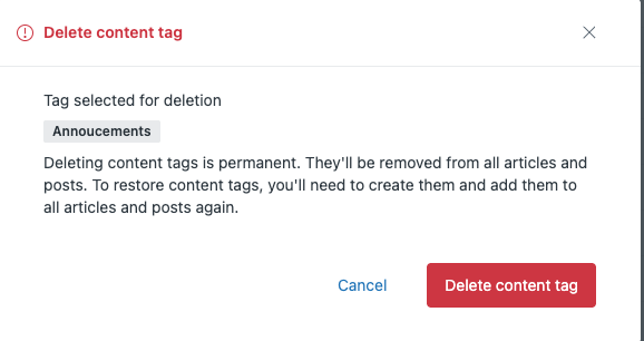 warning message for deleting content tags