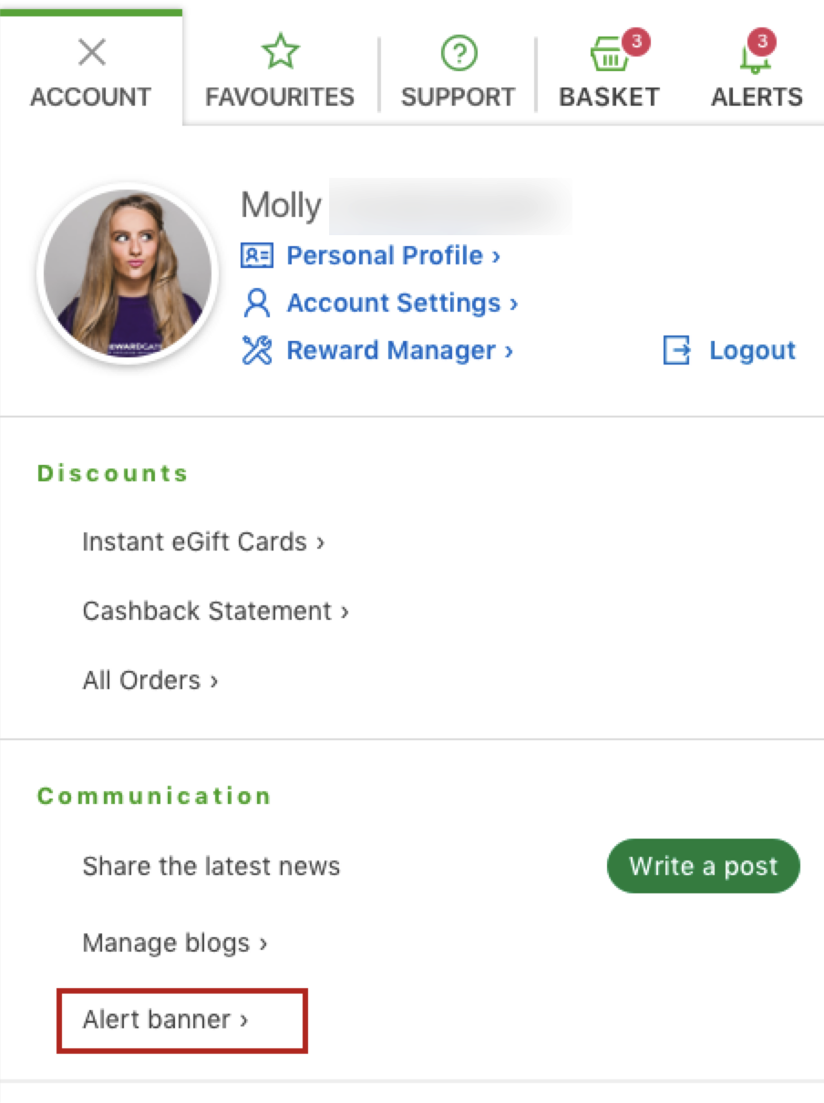 alert banner option under account 