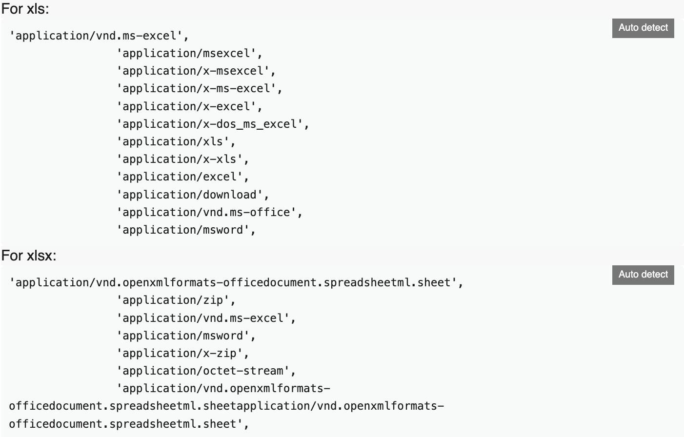 Supported MIME types for xls and xlsx