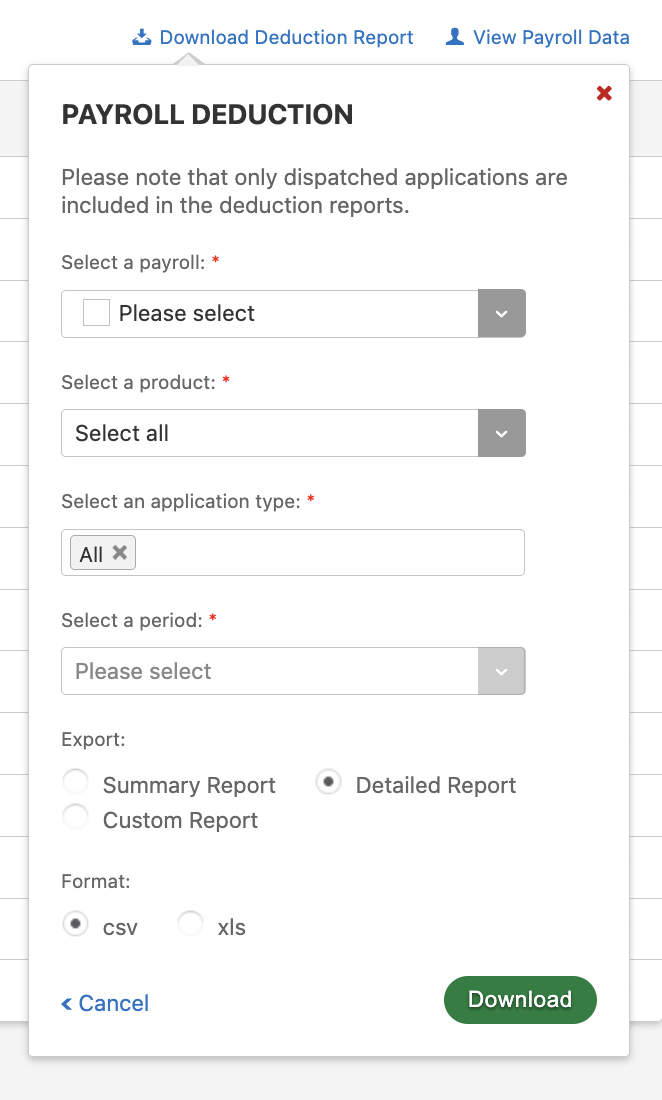 Payroll deduction report criteria fields