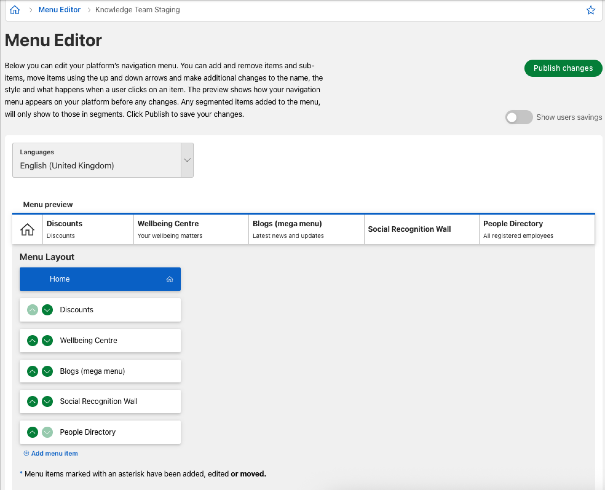 menu editor page
