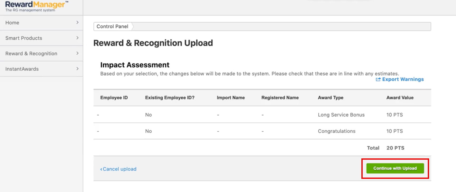 Verify the data and continue with the upload