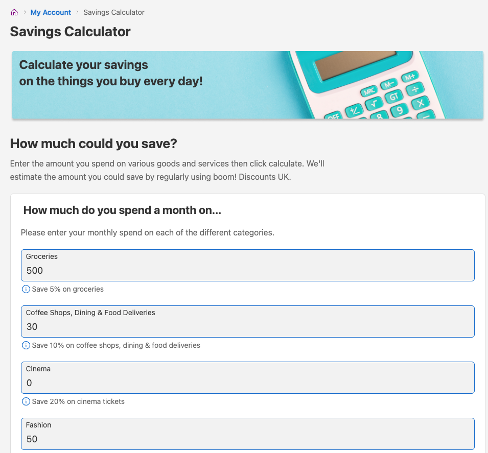 Savings Calculator in use