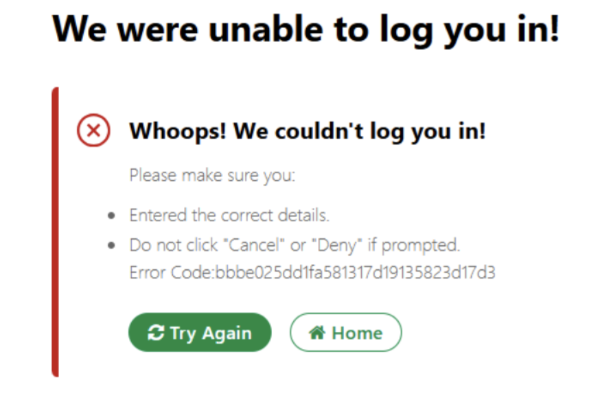 Unable to log you in - error message