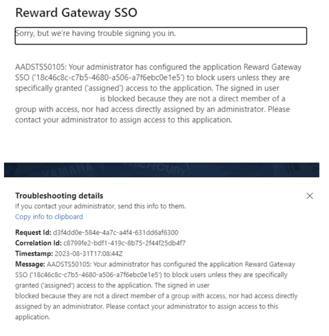 Reward Gateway SSO sign-in error message and troubleshooting details