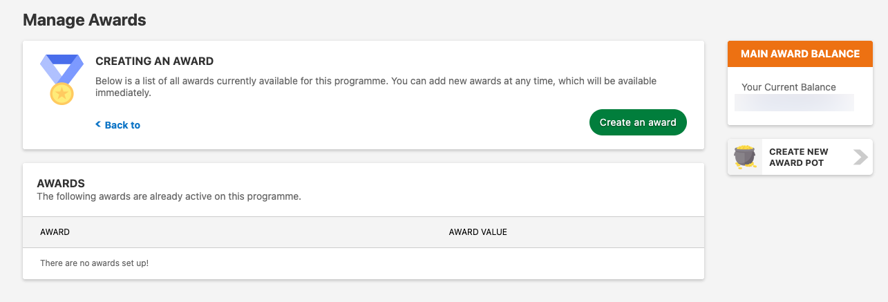 Manage awards page
