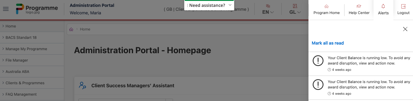 Client Balance is running Low Alert