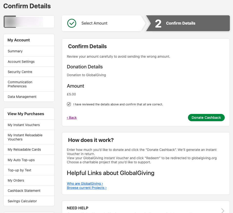 Confirm Details and donate