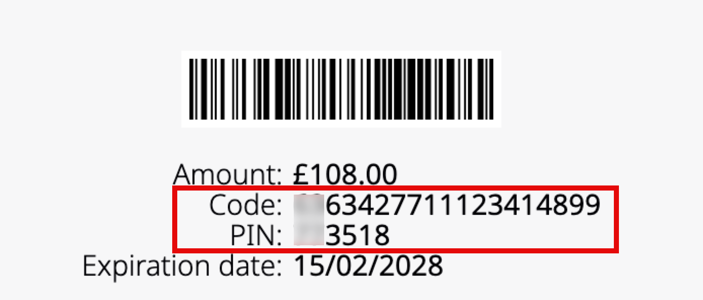 The voucher code and pin numbers on an egift card or voucher
