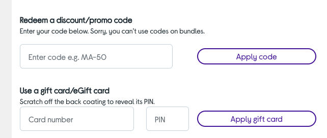 promo code field and egift card number fields on a retailer website