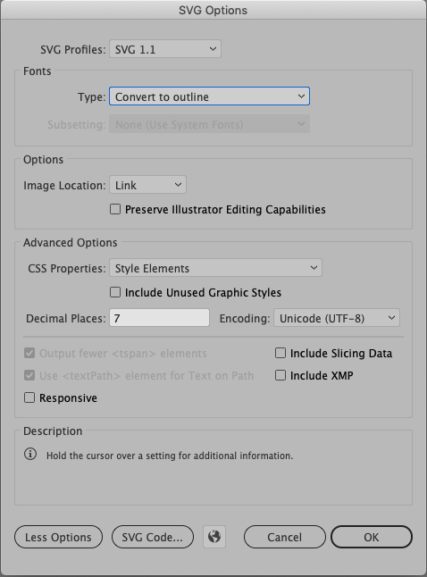 Adobe Illustrator Settings - SVG options