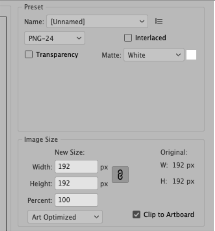 Save for Web settings