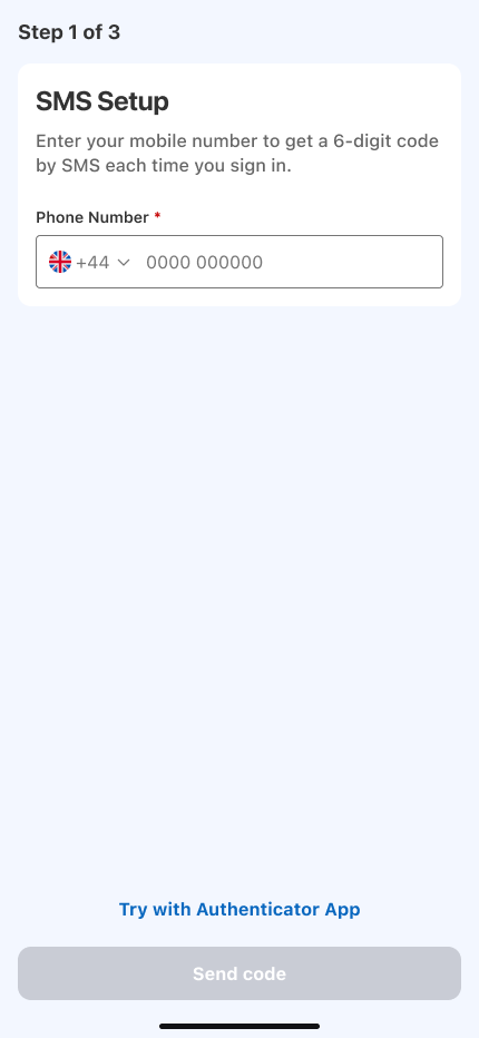 SMS Setup - Enter your mobile number