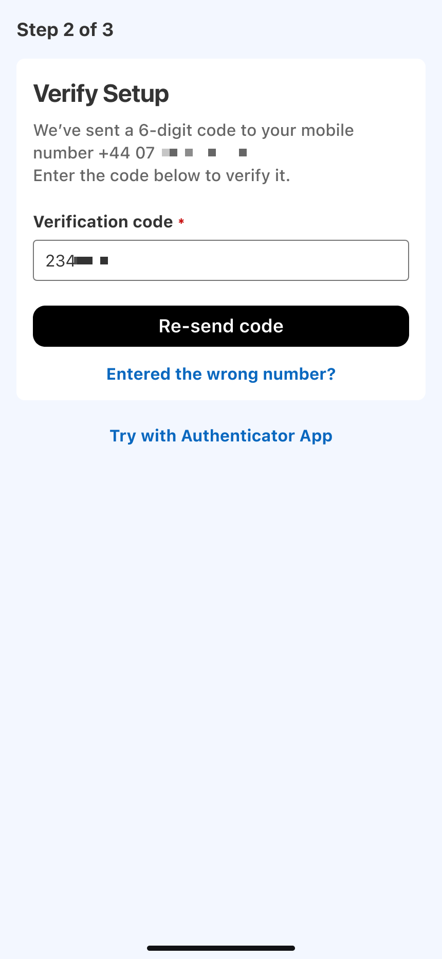 Verify Setup - enter verification code