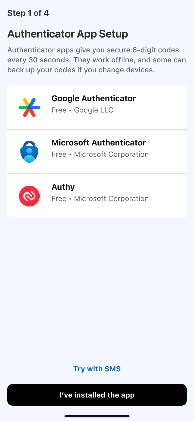 Authenticator app setup