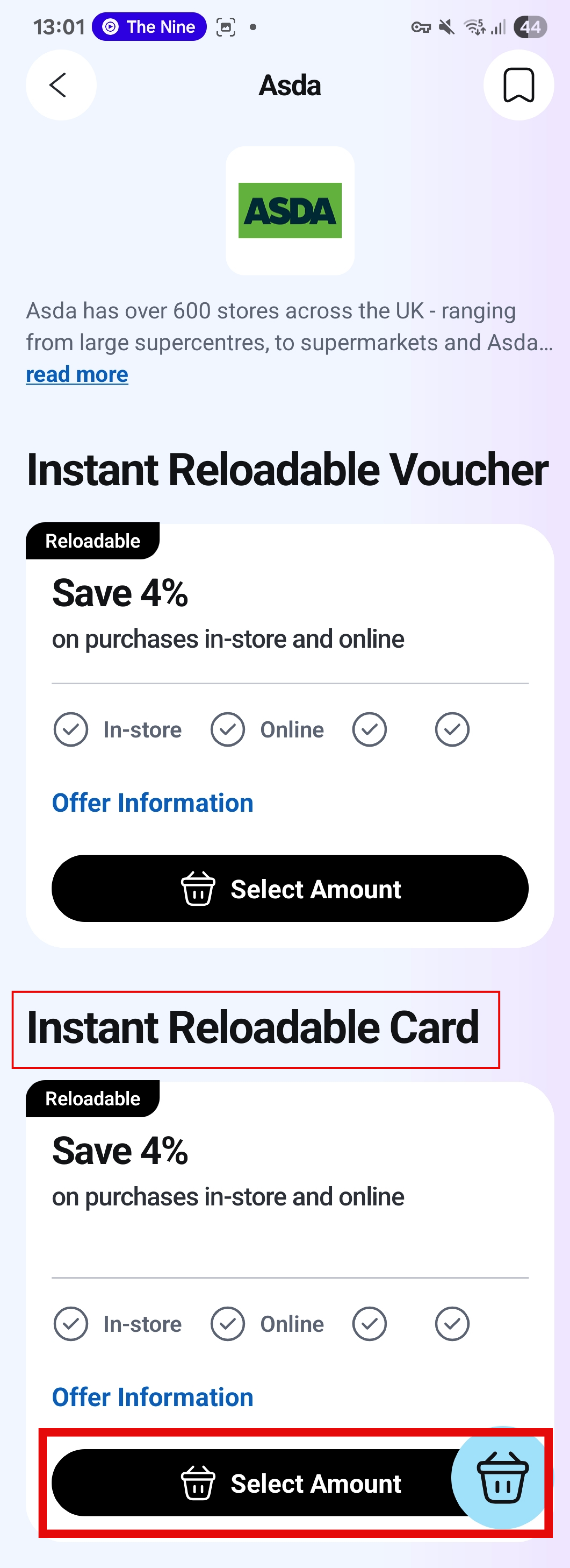 instant reloadable card option