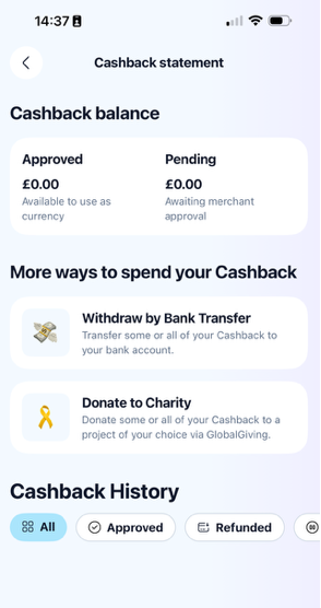 Cashback balance shown in the app
