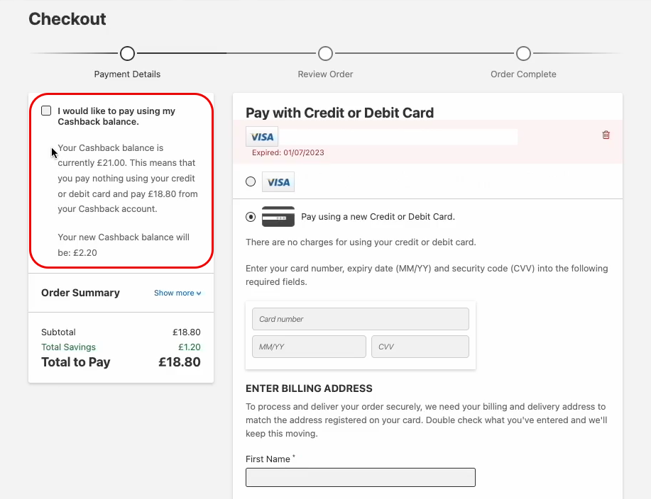 Using cashback to pay for voucher